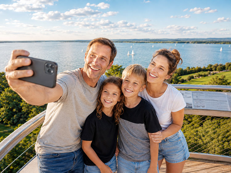 Eine Familie h�lt ihren Besuch auf der Aussichtsplattform vom SkyLoop mit einem Selfie fest