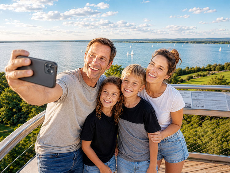 Eine Familie h�lt ihren Besuch auf der Aussichtsplattform vom SkyLoop mit einem Selfie fest