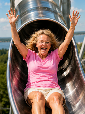 Eine Frau freut sich �ber die rasante Abfahrt mit der Mega-Rutsche