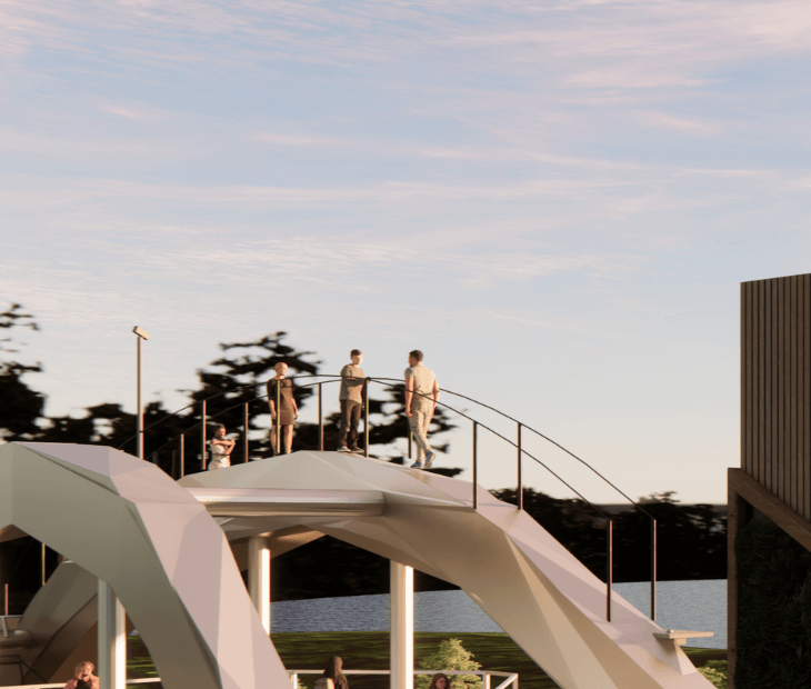 Renderingbild der SkyLoops Plattform in Nahaufnahme mit Besuchern