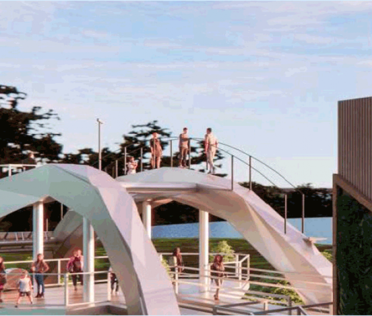 Renderingbild der SkyLoops Plattform in Nahaufnahme mit Besuchern