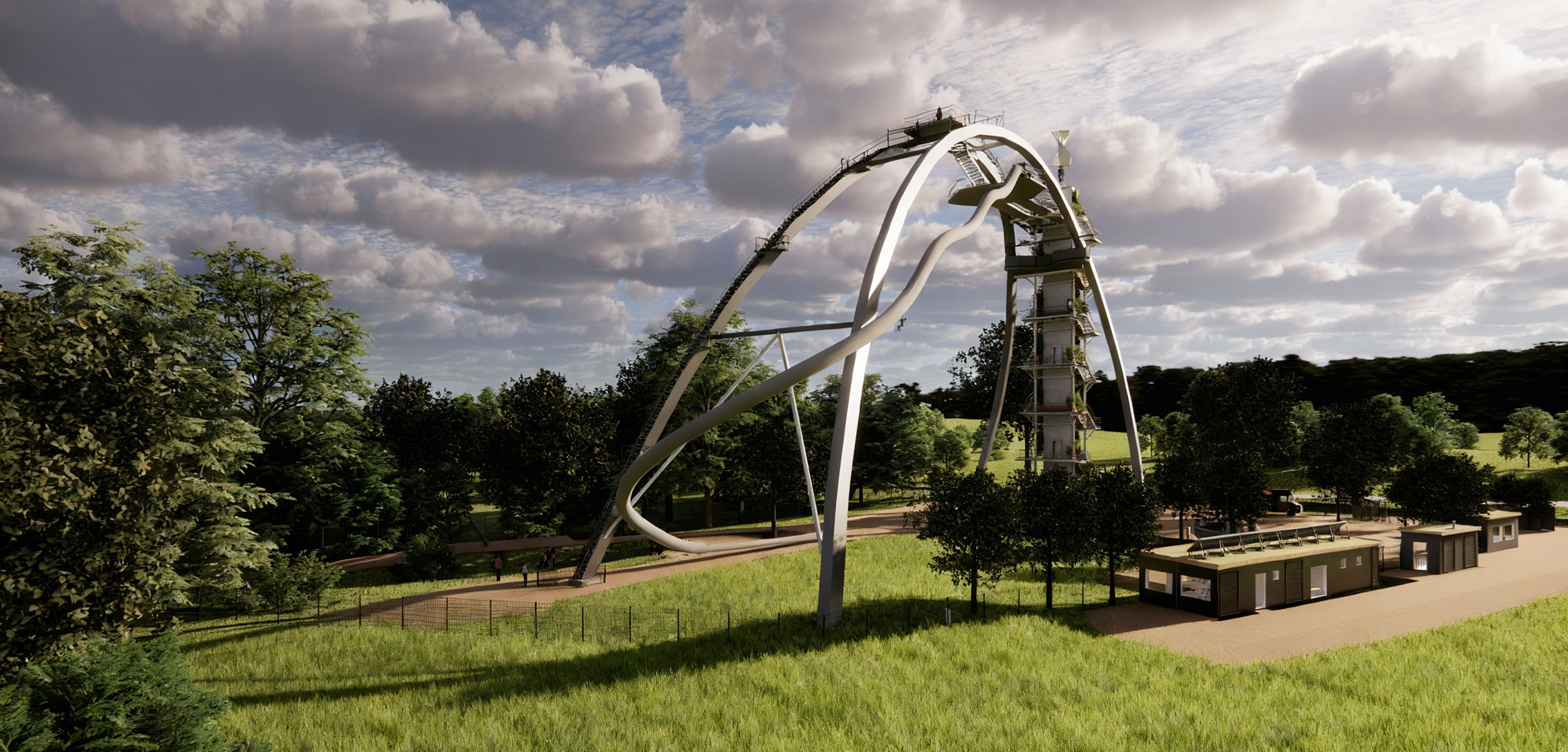 Renderingbild Blick von unten auf den SkyLoop Bogen in der Landschaft